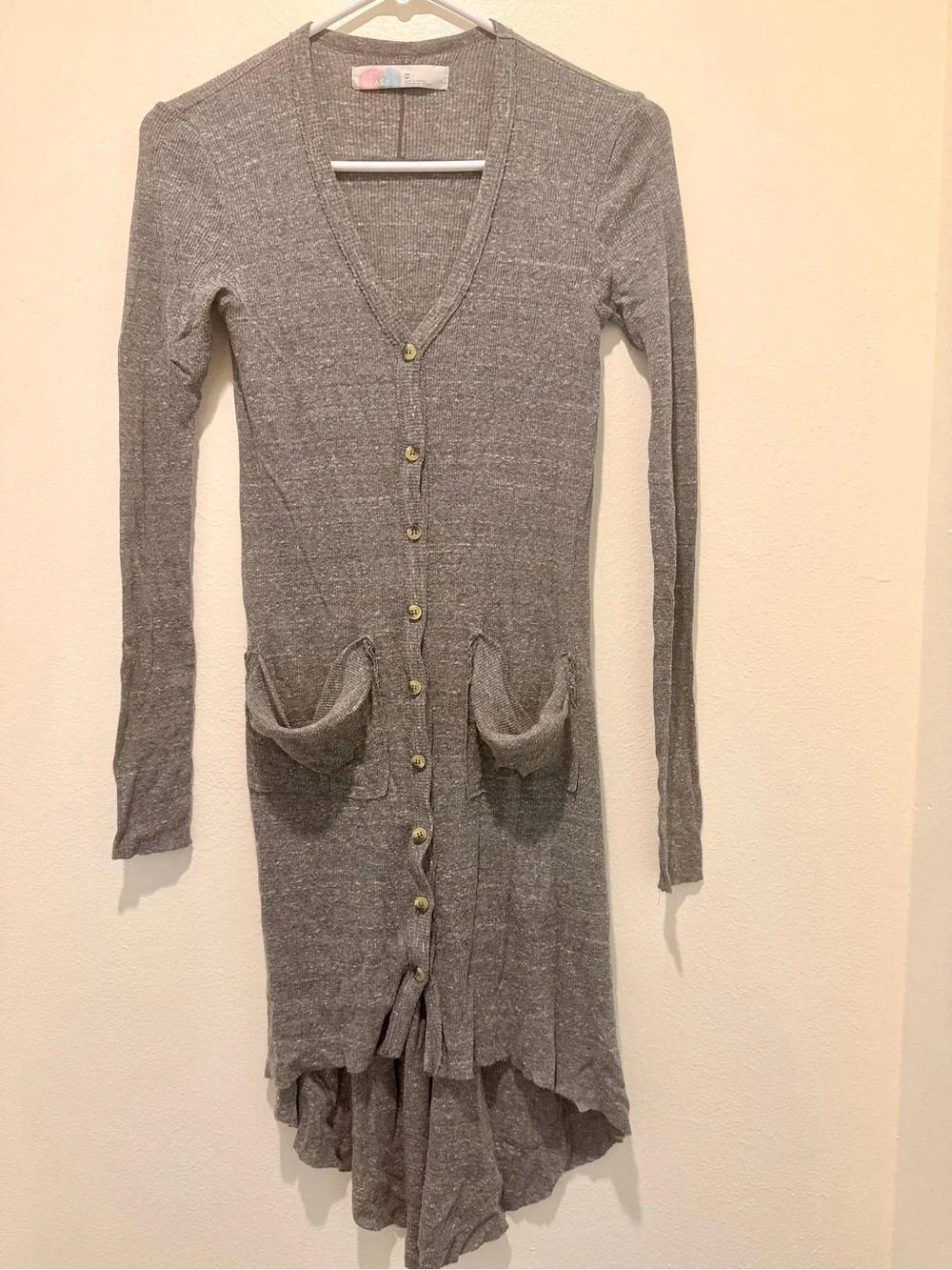 Free People Long Sleeve V-Neck Gray Knit Dress/Cardigan with Button Front